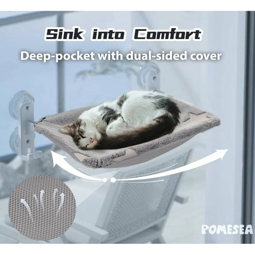 POMESEA Cat Window Perch for Large Cats Gray Star Fleece Hammock 44lbs Capacity